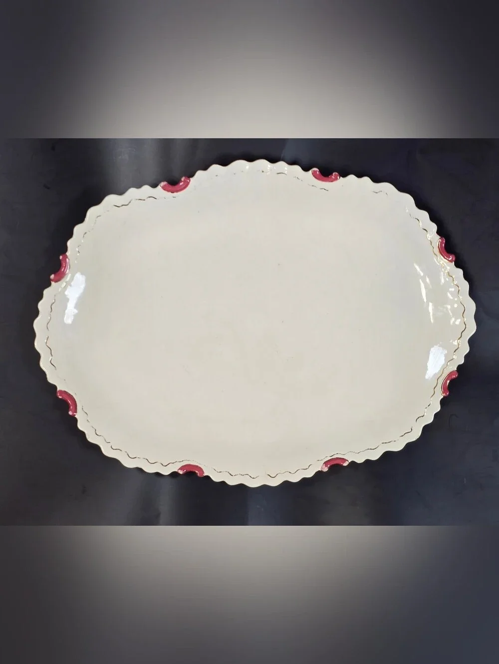 Antique Scalloped Edge Oval Ceramic Porcelain Serving Platter Cream & Pink Mauve